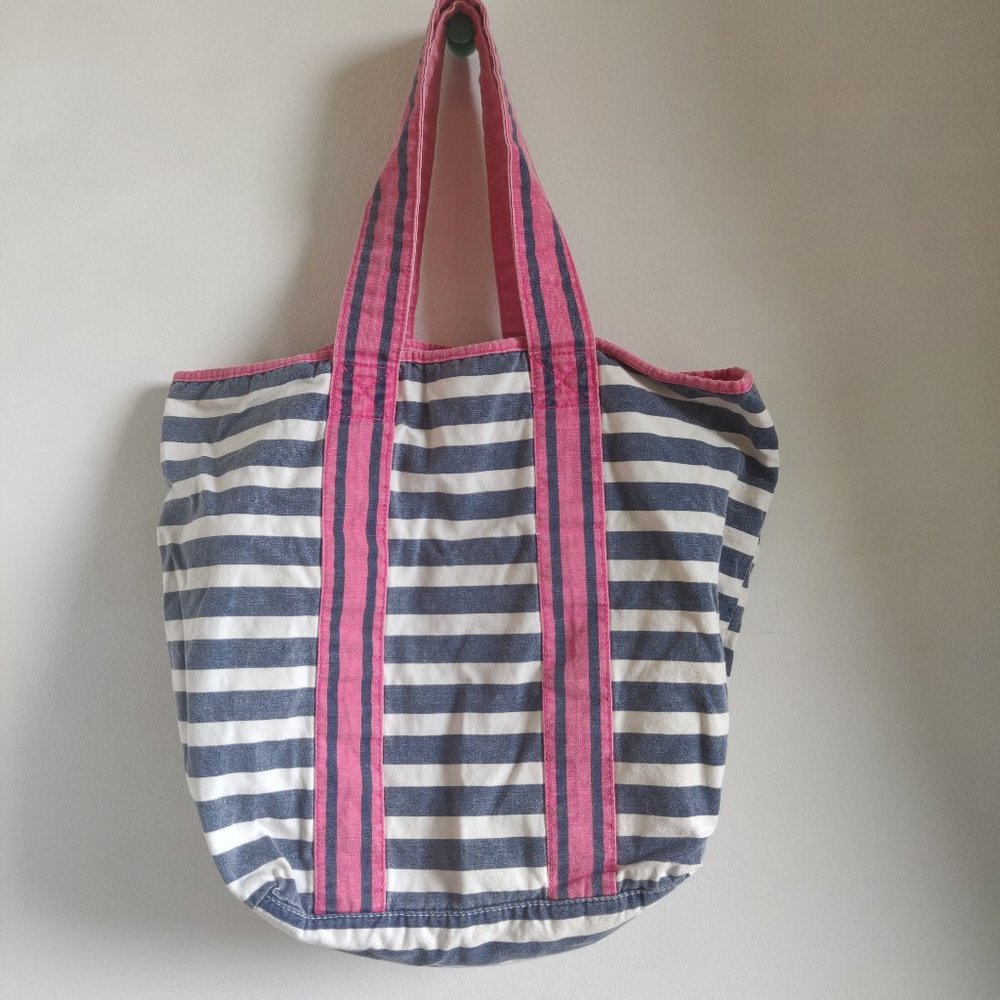 Navy Blue and White Striped with Hot Pink Handles Tote Bag